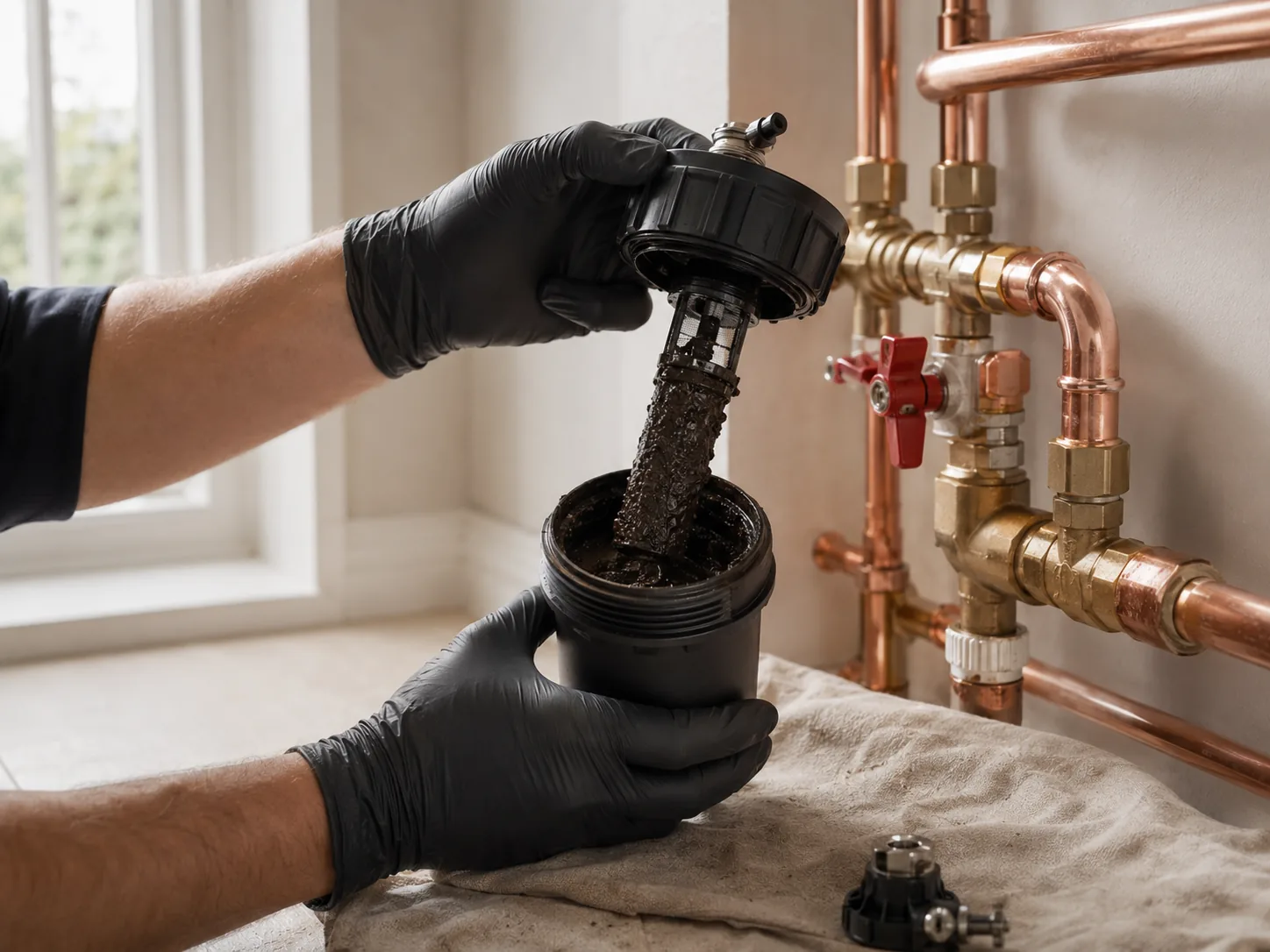 Magnetite debris removed from an unbranded magnetic heating filter during a Powerflush