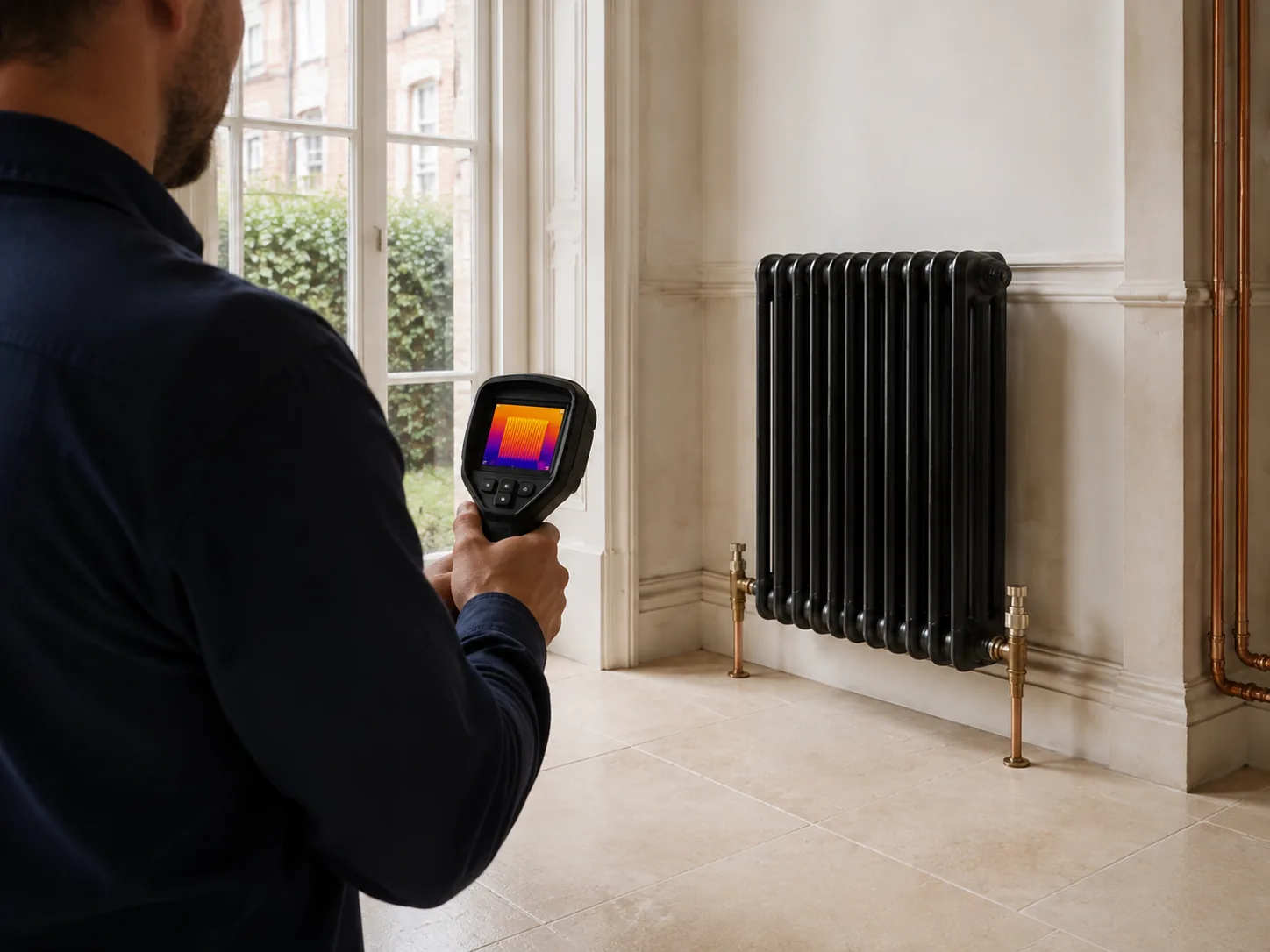 Heating engineer using a thermal imaging camera to assess a traditional column radiator in a bright Chelsea townhouse room