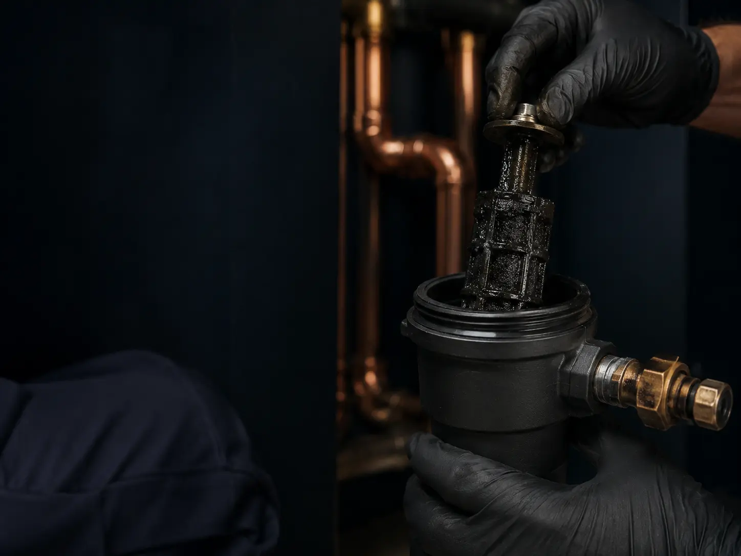 Black magnetite debris captured by an unbranded magnetic heating filter during a Powerflush