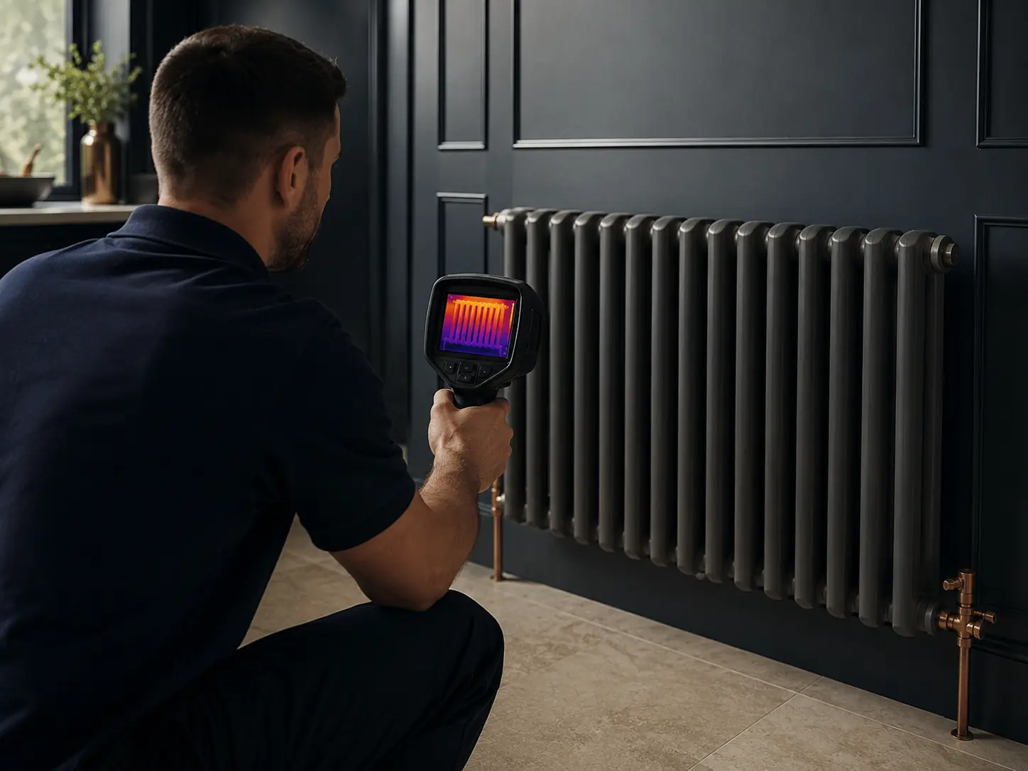 Heating engineer using a thermal imaging camera to assess an anthracite radiator in a Chiswick home