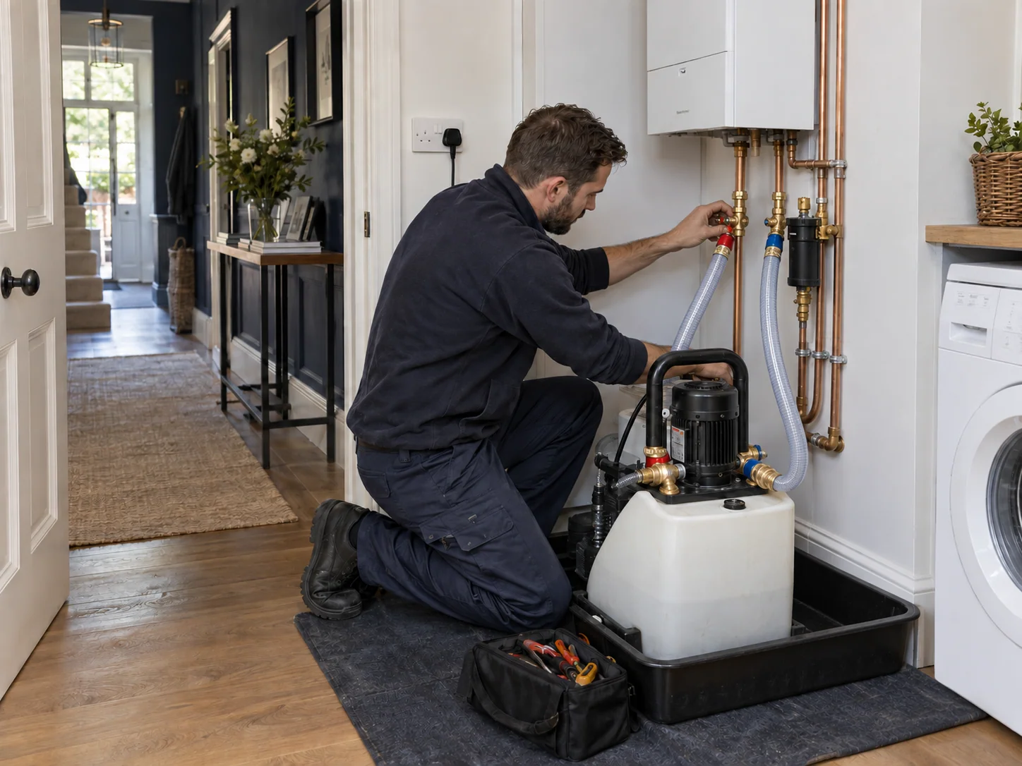 Powerflushing machine connected to heating pipework in a protected utility room.
