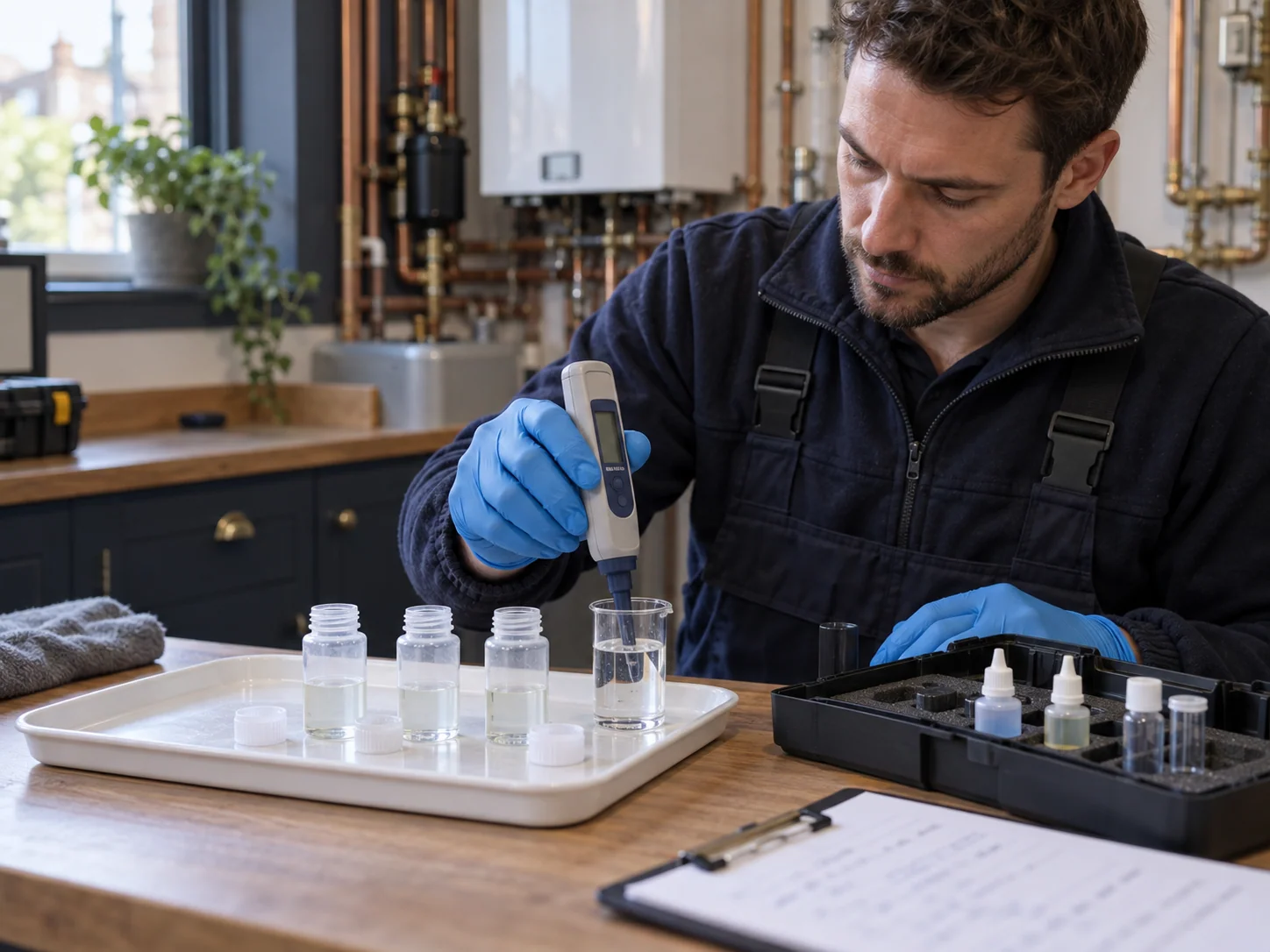 Heating engineer testing a water sample beside a field-testing kit and sample containers.