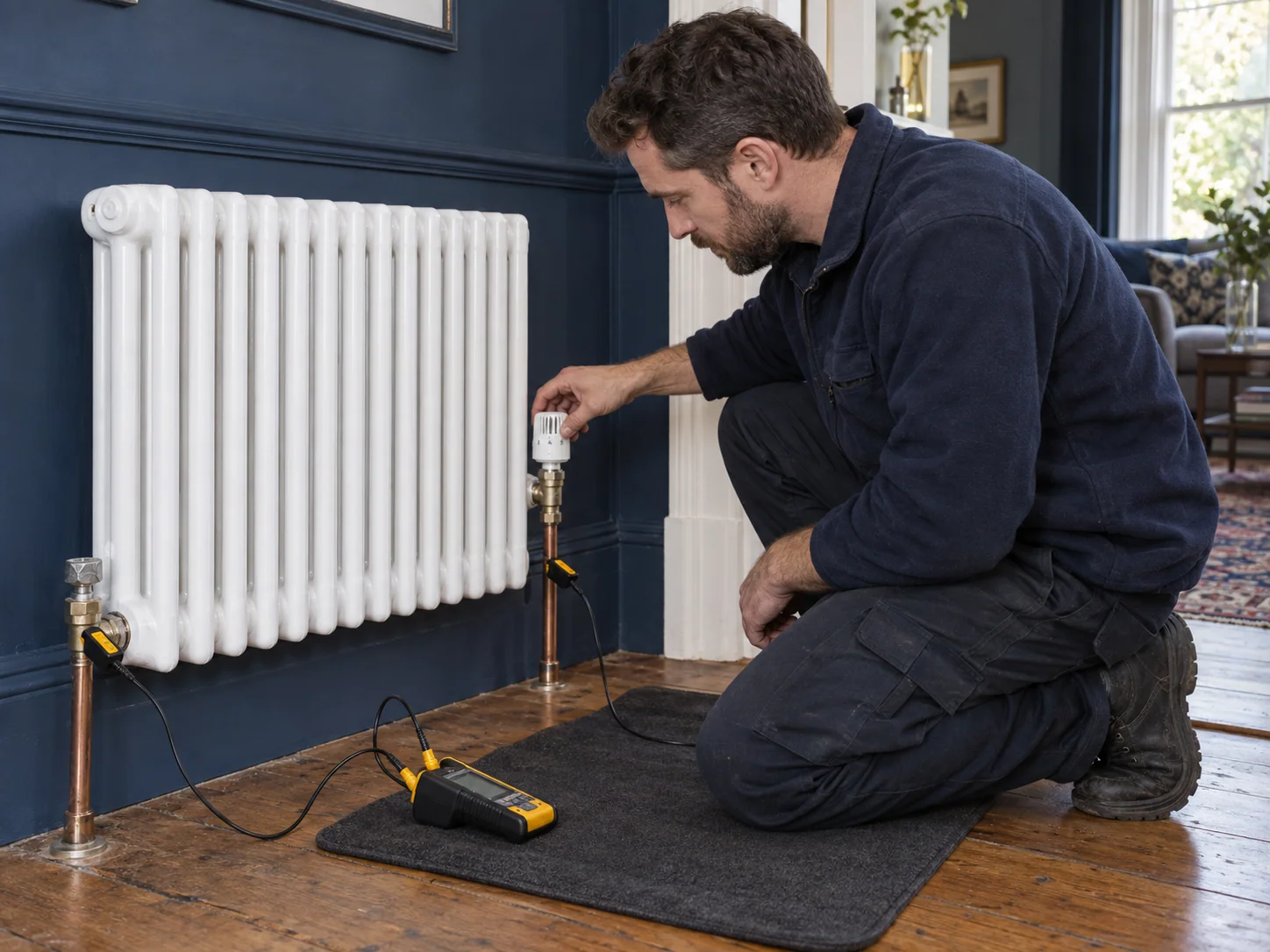 Heating engineer checking a radiator valve with temperature probes attached to the heating connections.