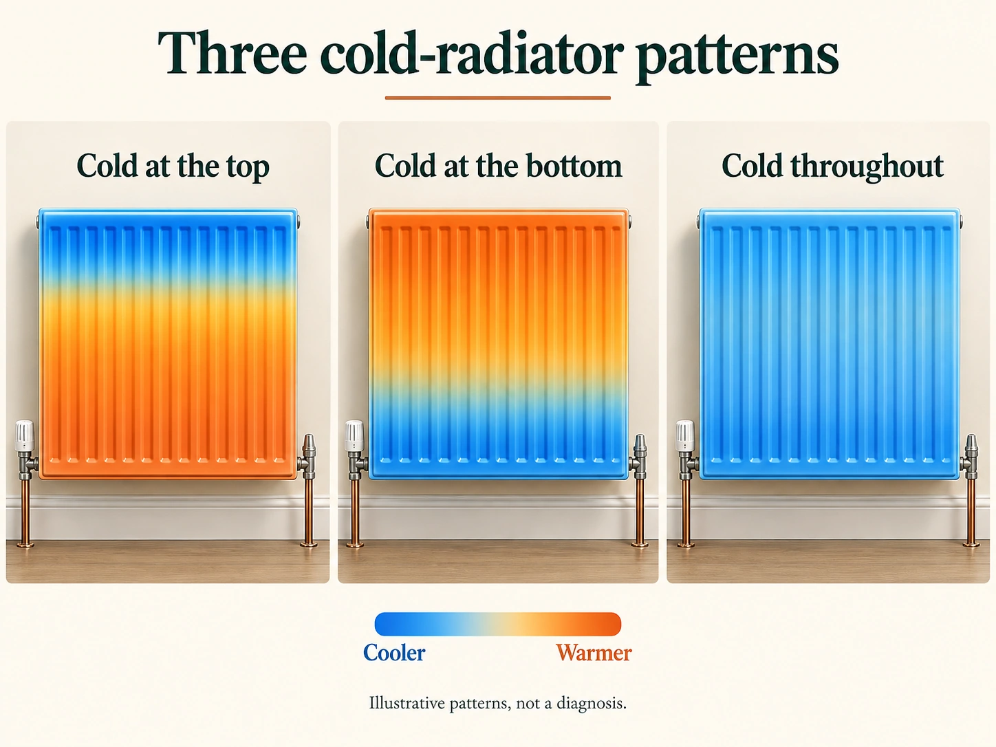 Illustration comparing a radiator cold at the top, cold at the bottom and cold throughout, with blue for cooler areas and orange for warmer areas.