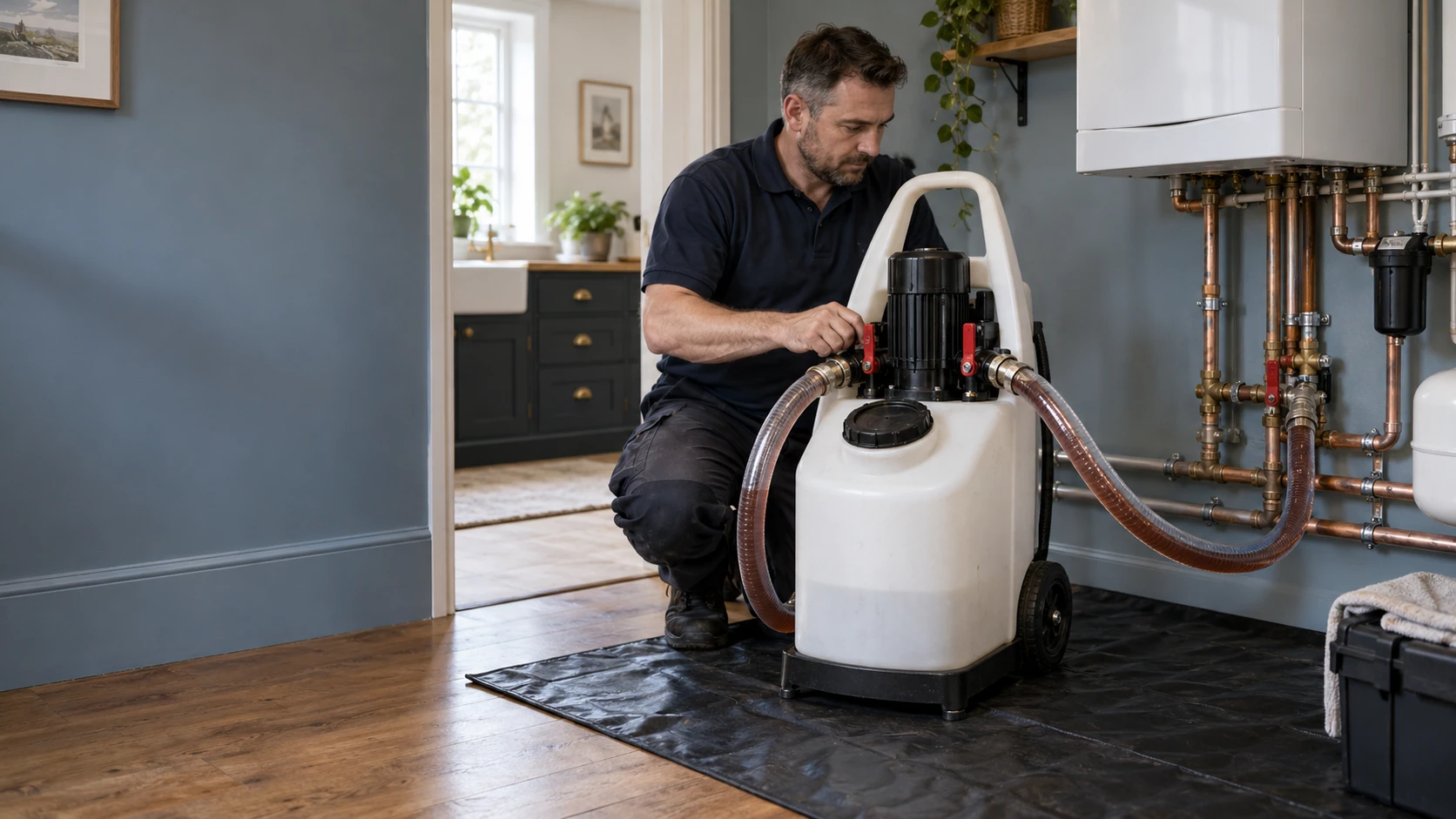 Heating engineer using an unbranded powerflushing machine with reinforced hoses to clean a central heating system