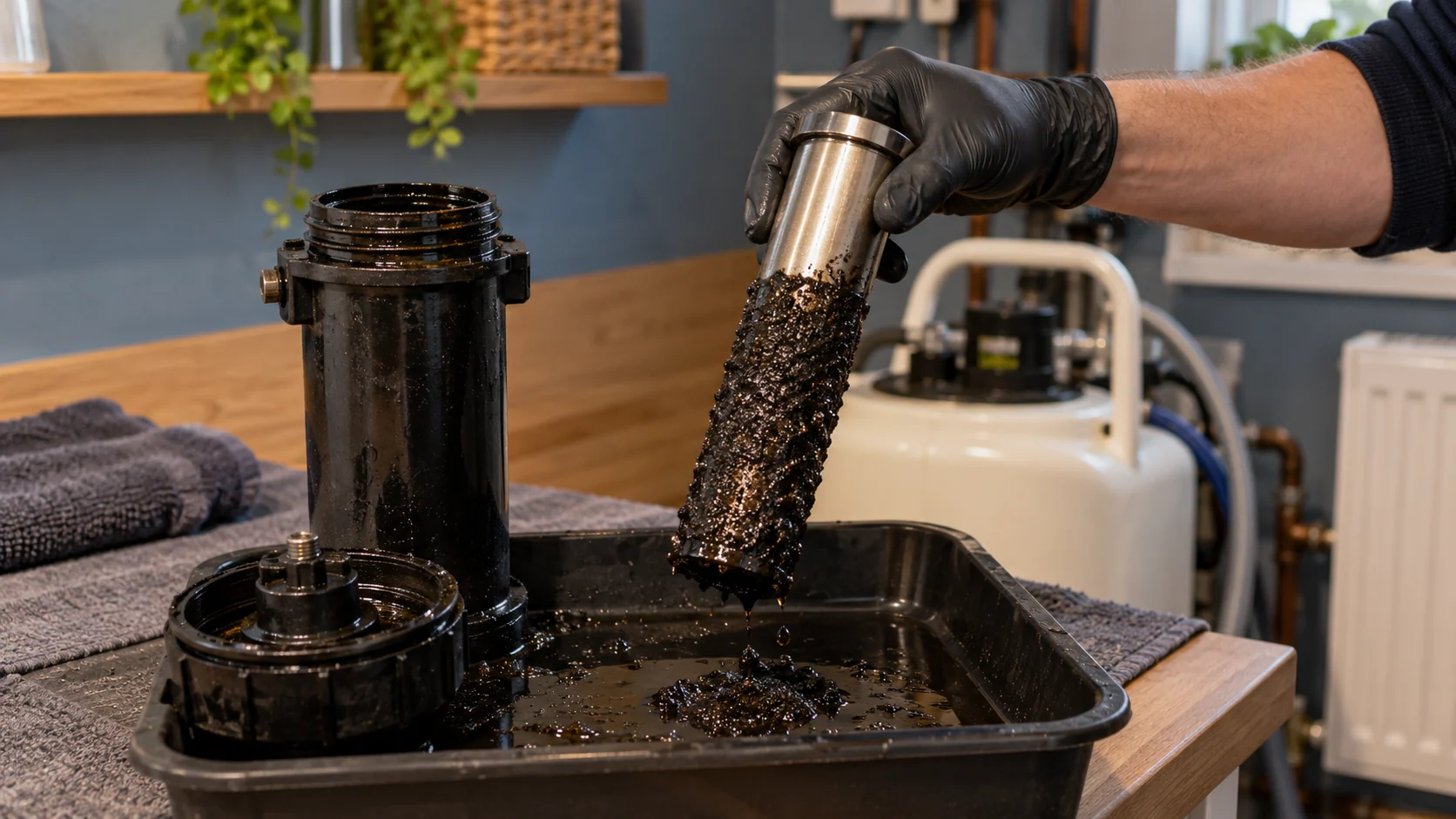 Magnetic filter sleeve carrying dark heating-system sludge above a protective tray