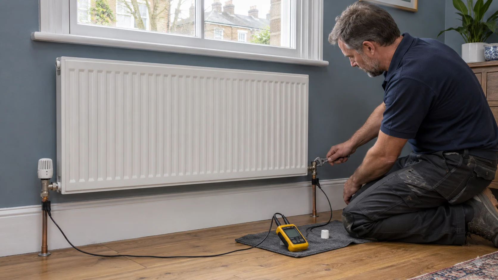 Heating engineer checking radiator pipe temperatures while adjusting a lockshield valve