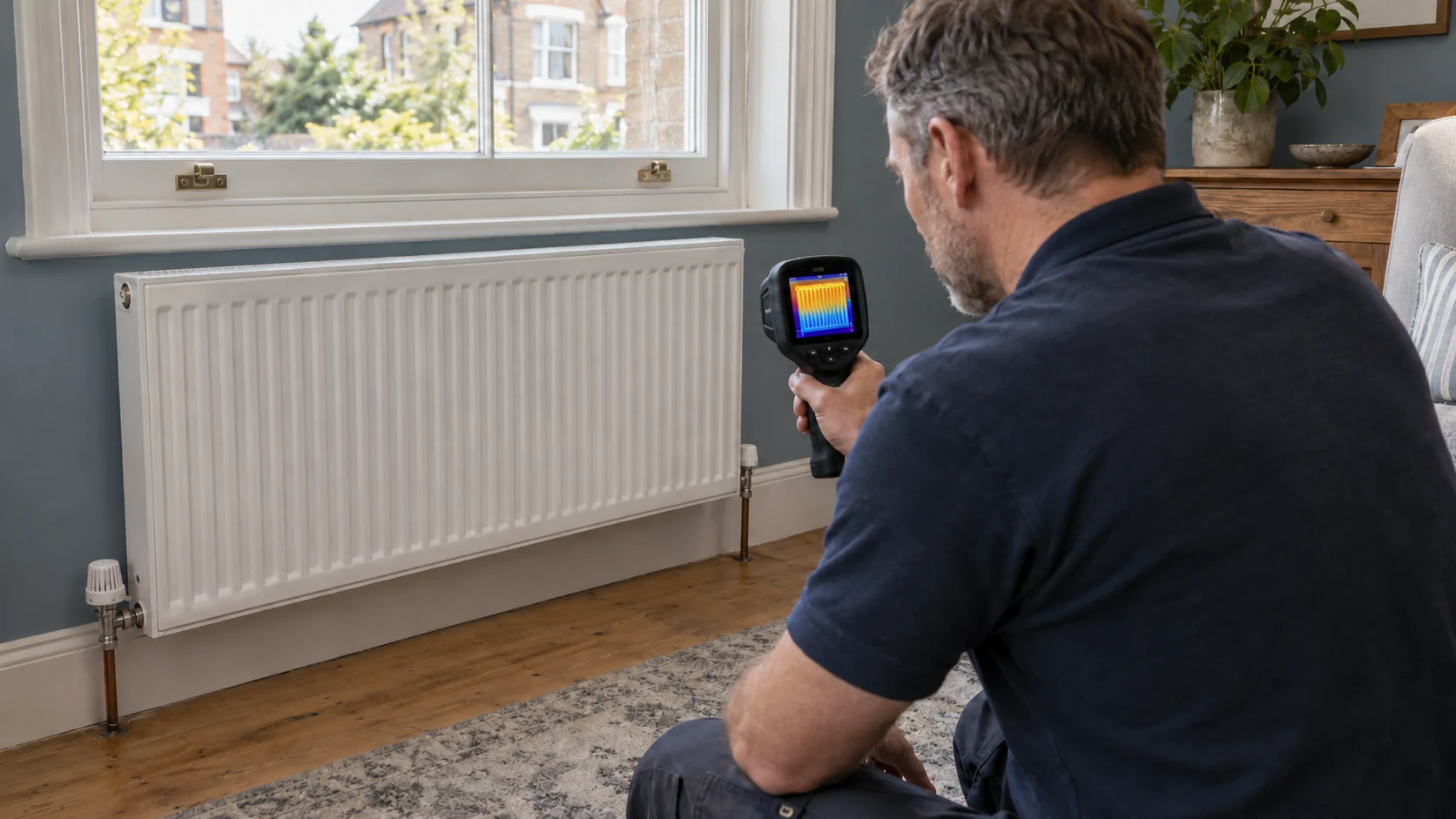 Heating engineer inspecting a panel radiator with a handheld thermal camera