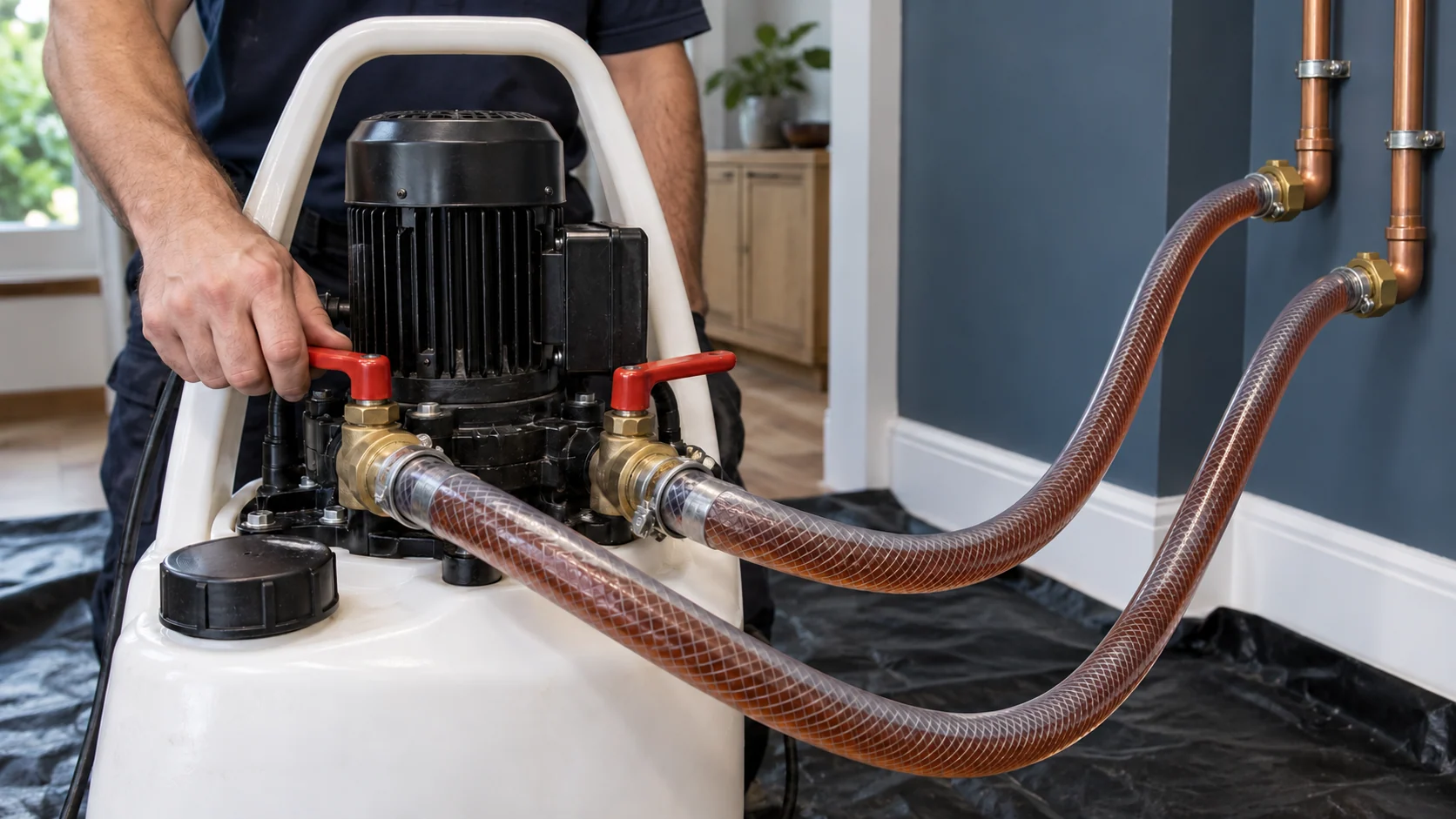 Unbranded powerflushing pump with two reinforced hoses carrying discoloured heating water