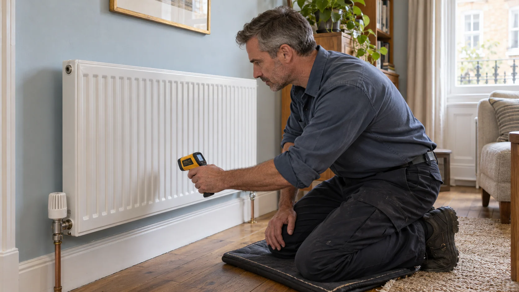 Heating engineer checking a panel radiator with an infrared thermometer.