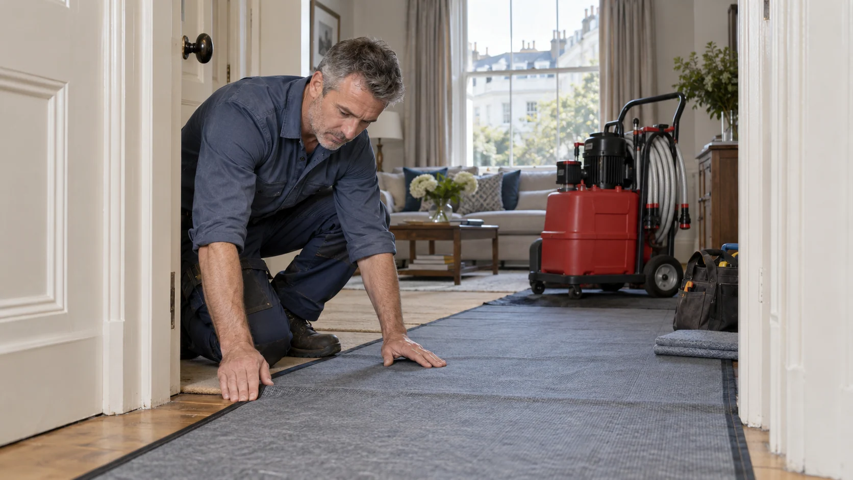 Protective floor runners being laid before powerflushing work in a period flat.