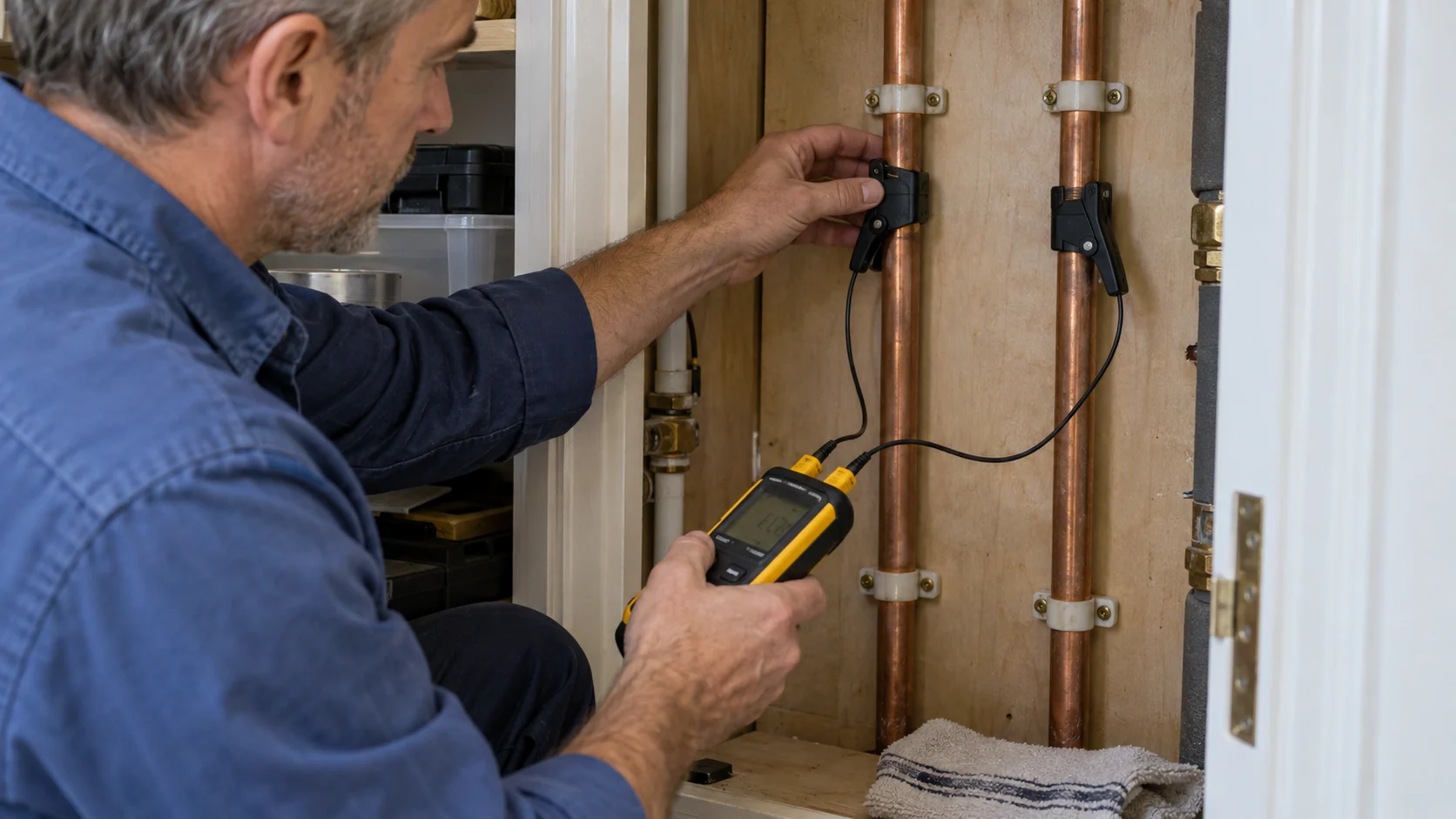 Clamp-on temperature probes connected to a handheld thermometer on two heating pipes.