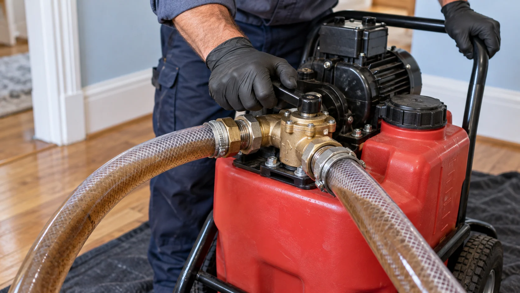 Powerflushing machine controls and reinforced hoses carrying discoloured heating water.