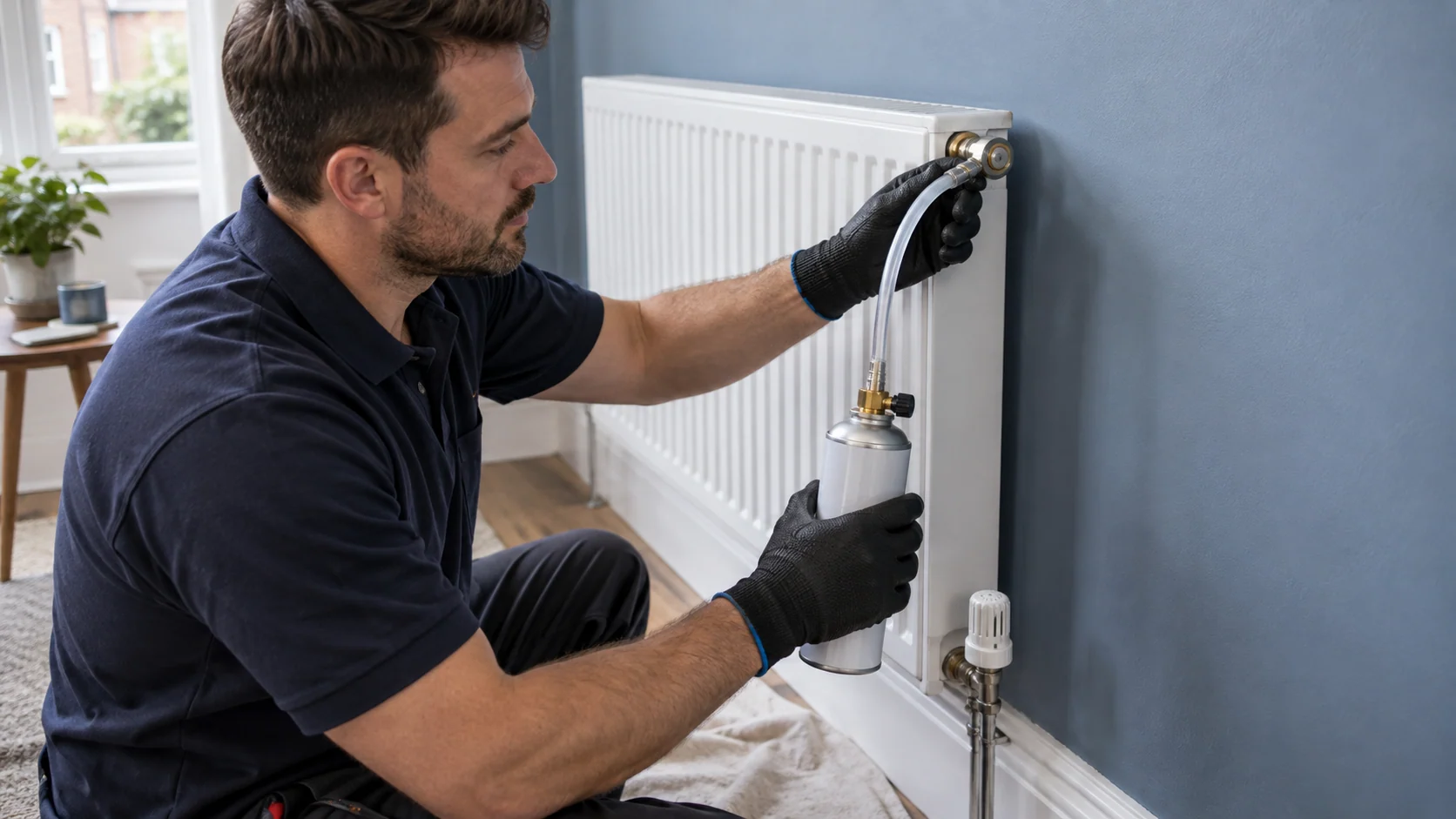Heating engineer dosing corrosion inhibitor through a securely connected radiator treatment adaptor