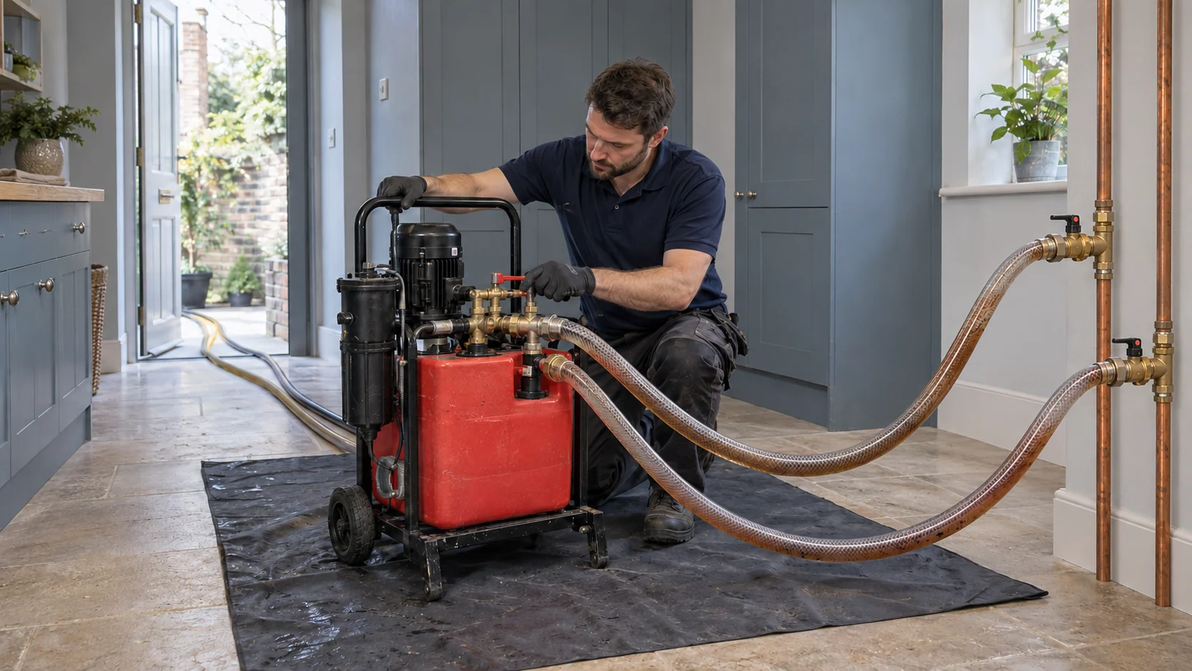 Powerflushing equipment connected to heating service points with discoloured water visible in reinforced hoses