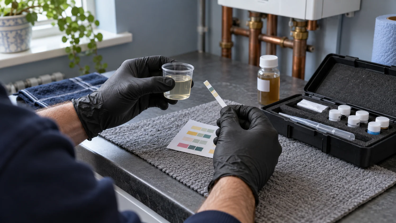 Heating engineer checking a water sample with a test strip and colour reference card
