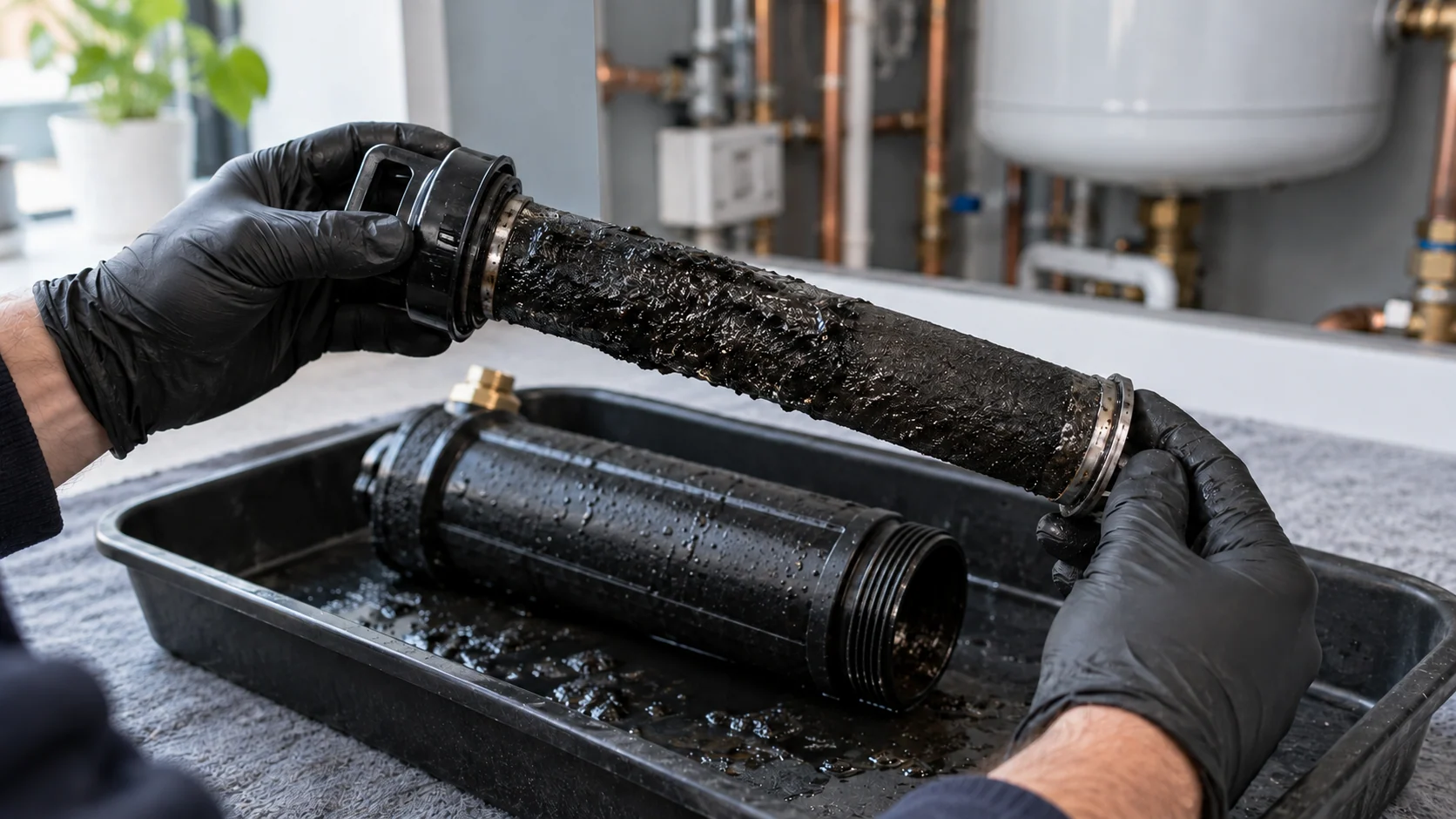 Close-up of dark heating-system sludge on a removed magnetic filter sleeve above a protective tray