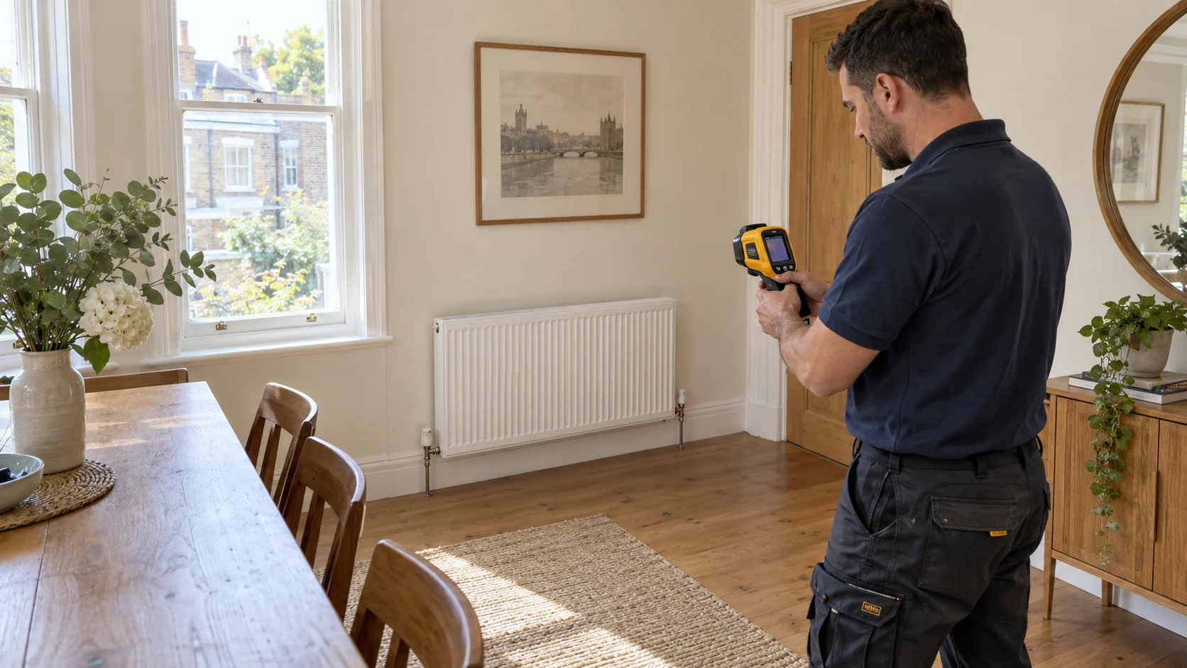 Heating engineer using a handheld thermal camera to check a radiator after system recommissioning