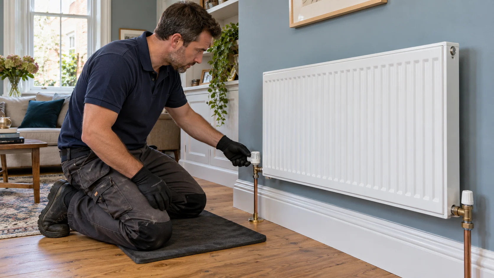 Heating engineer inspecting a radiator valve and pipework before recommending system cleaning