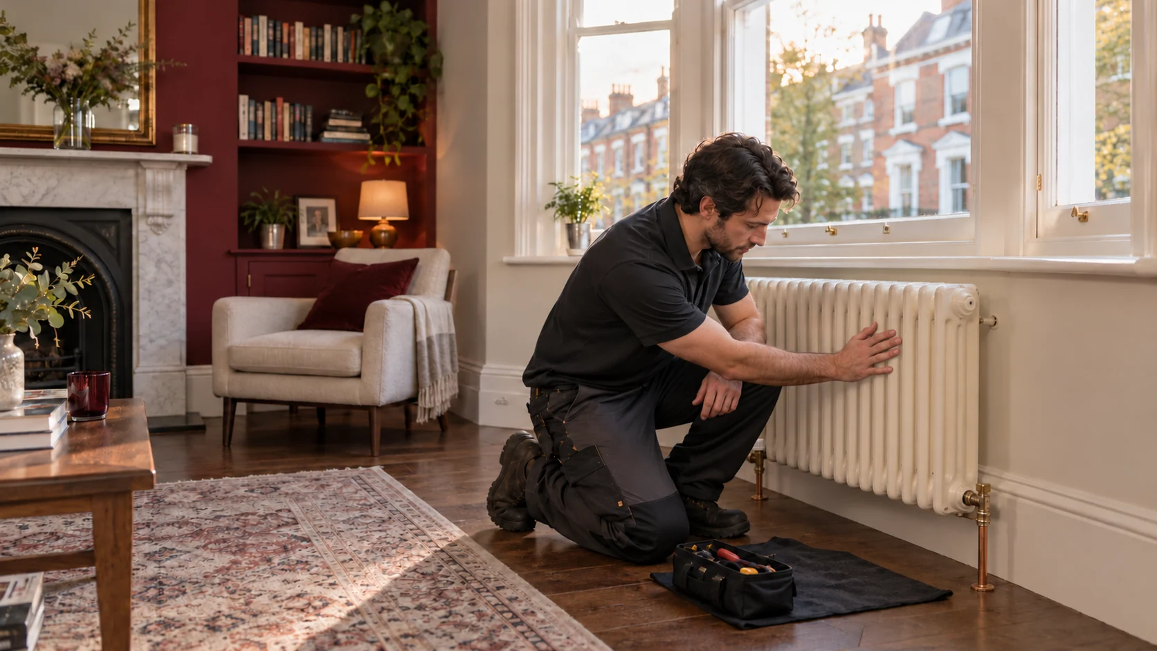 Heating engineer checking the warmth of a column radiator after heating work