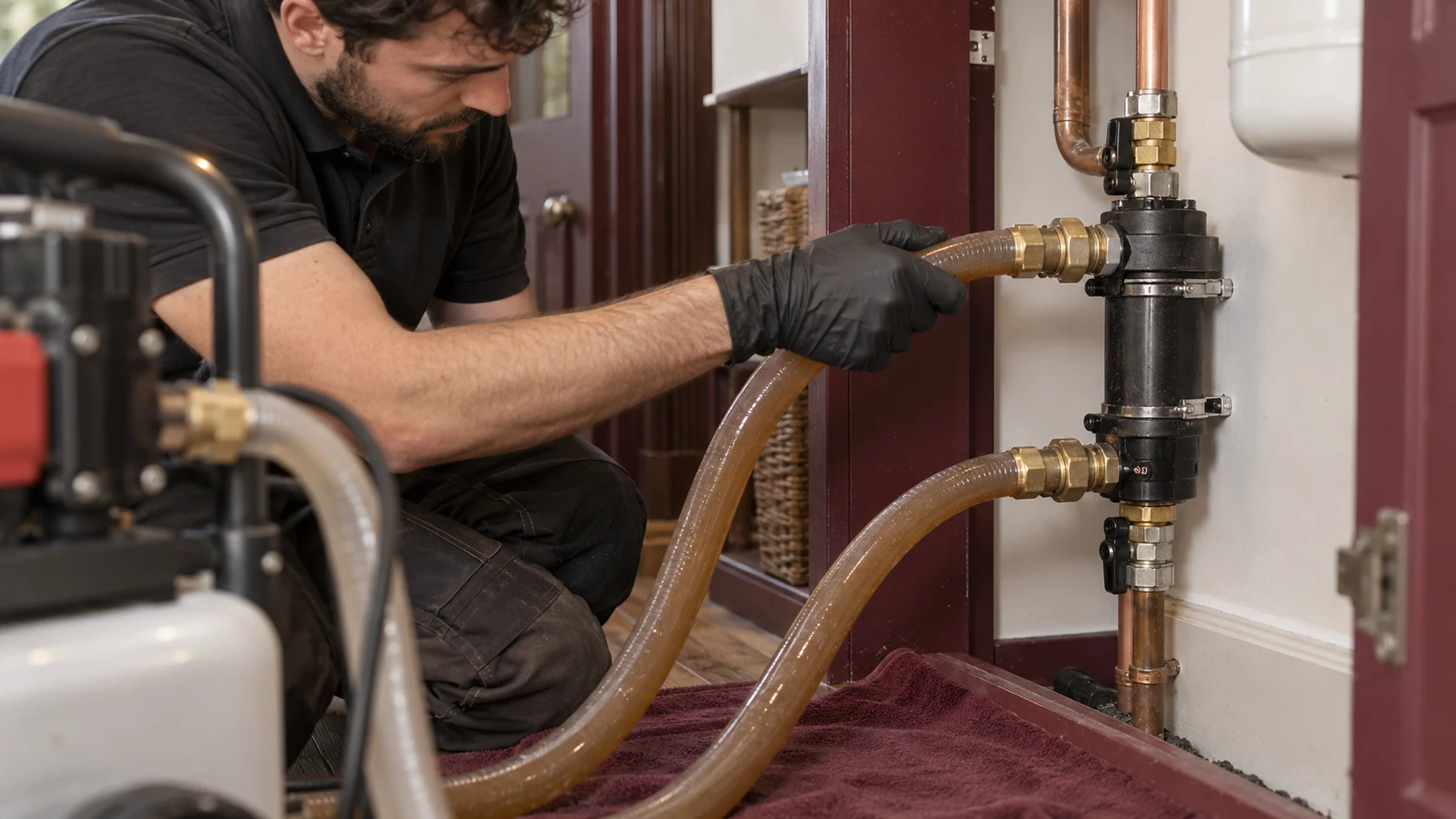 Reinforced powerflushing hoses connected to a heating-system service adapter