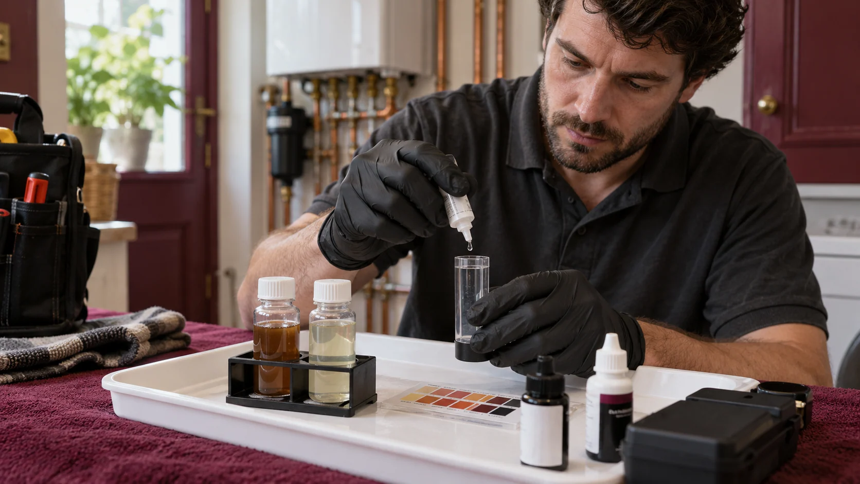 Heating engineer checking a water sample beside a portable test kit