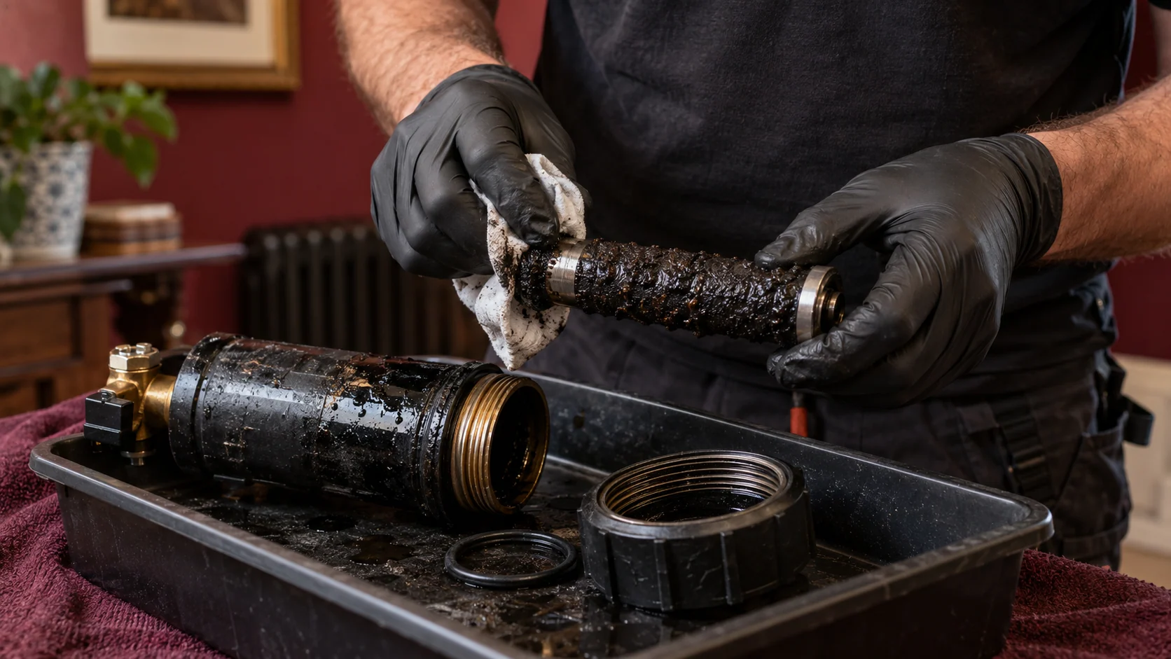 Heating engineer cleaning dark sludge from a removed filter insert over a service tray