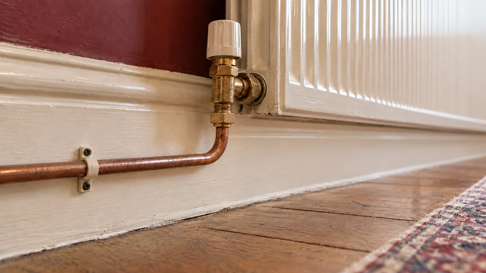Close-up of a small-bore copper pipe and an older radiator valve