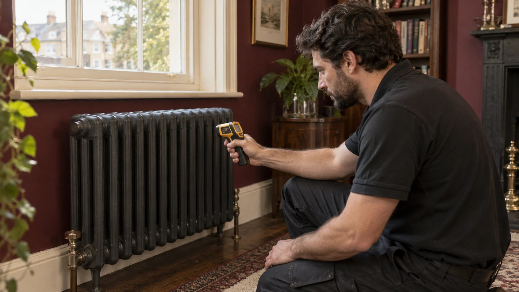 Heating engineer checking a cast-iron radiator with an infrared thermometer