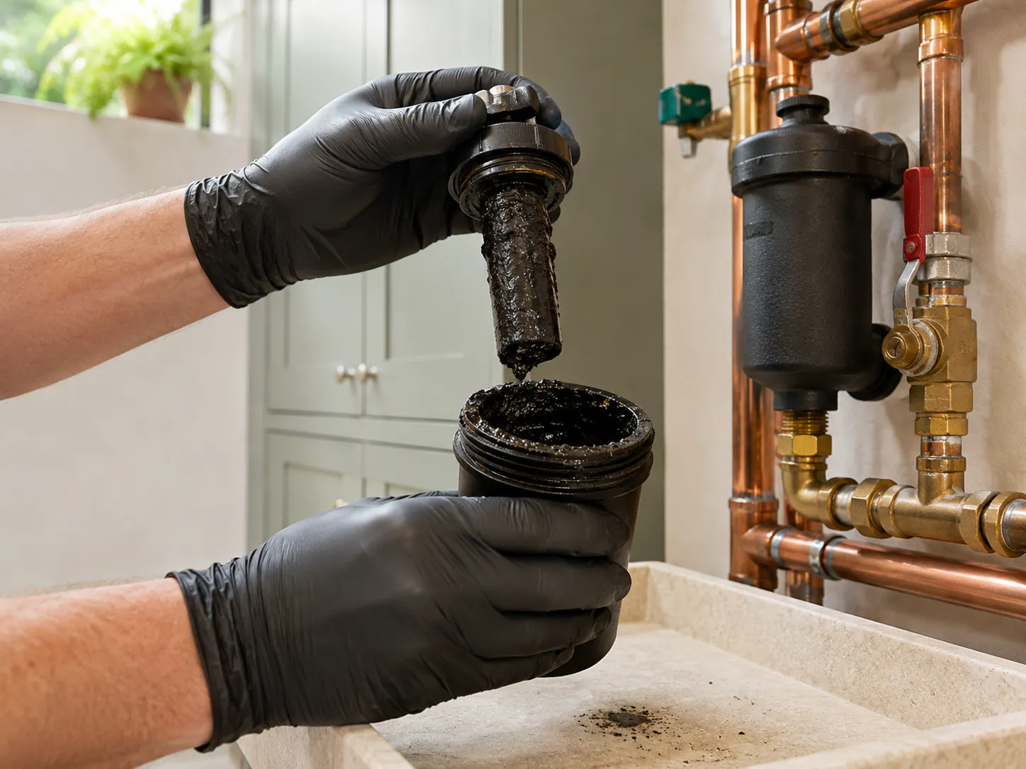 Black magnetite debris removed from an unbranded magnetic heating filter during a Powerflush