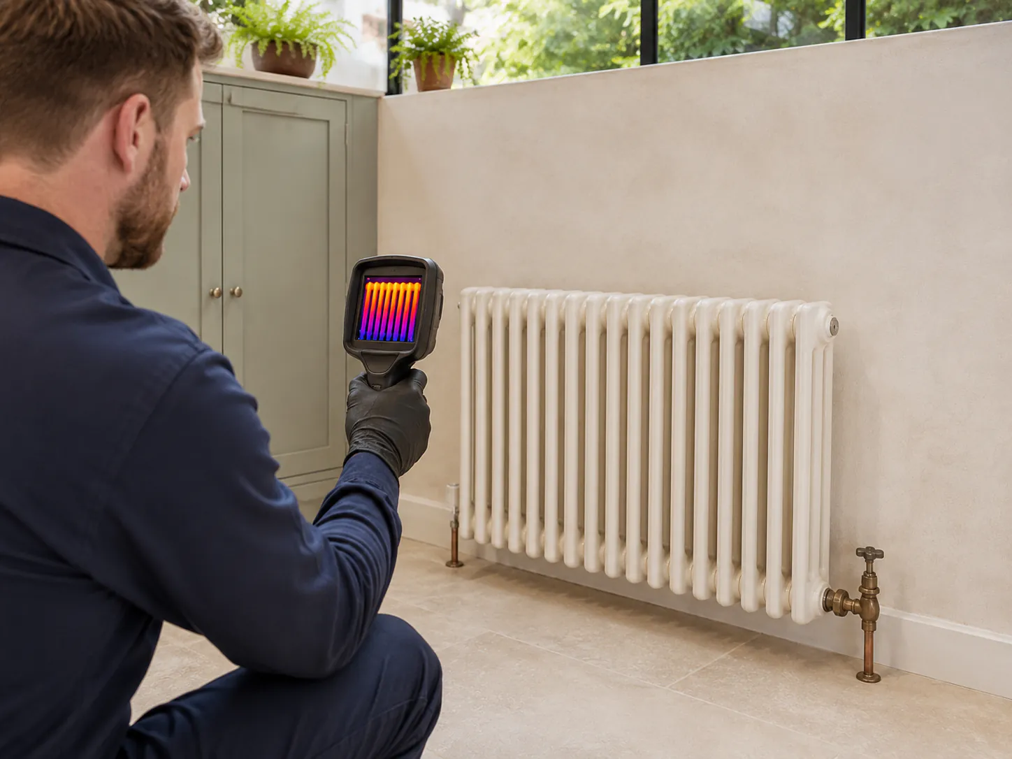 Heating engineer using a thermal imaging camera to assess a traditional column radiator in a Hampstead home