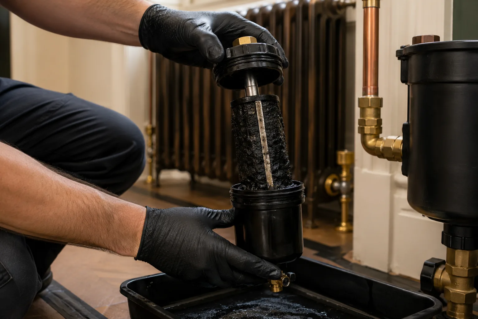 Magnetite sludge collected on an unbranded magnetic filter during a Powerflush in Kensington
