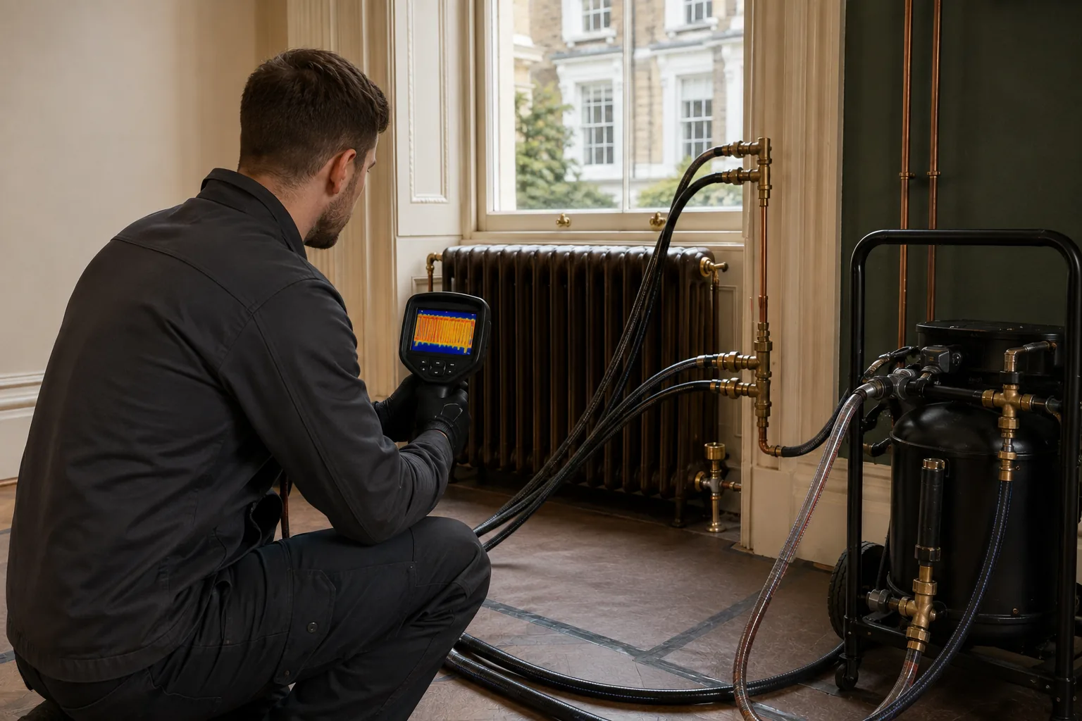 Heating engineer using a thermal imaging camera to inspect a dark column radiator in a Kensington townhouse