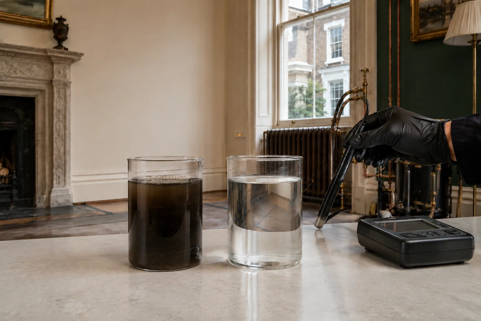 Dark and clear central heating water samples compared before and after cleaning in Kensington