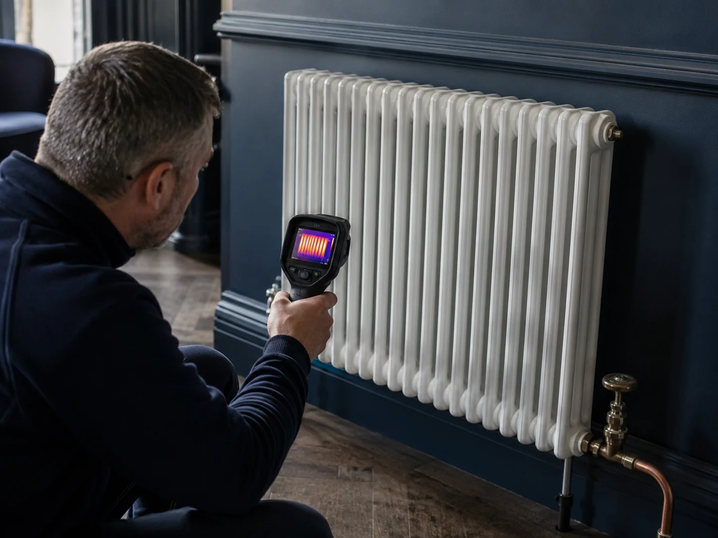 Heating engineer checking the heat pattern across a radiator during a system assessment