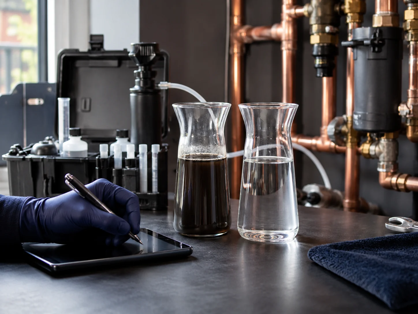Dark contaminated heating water compared with clear rinsed water during a final check