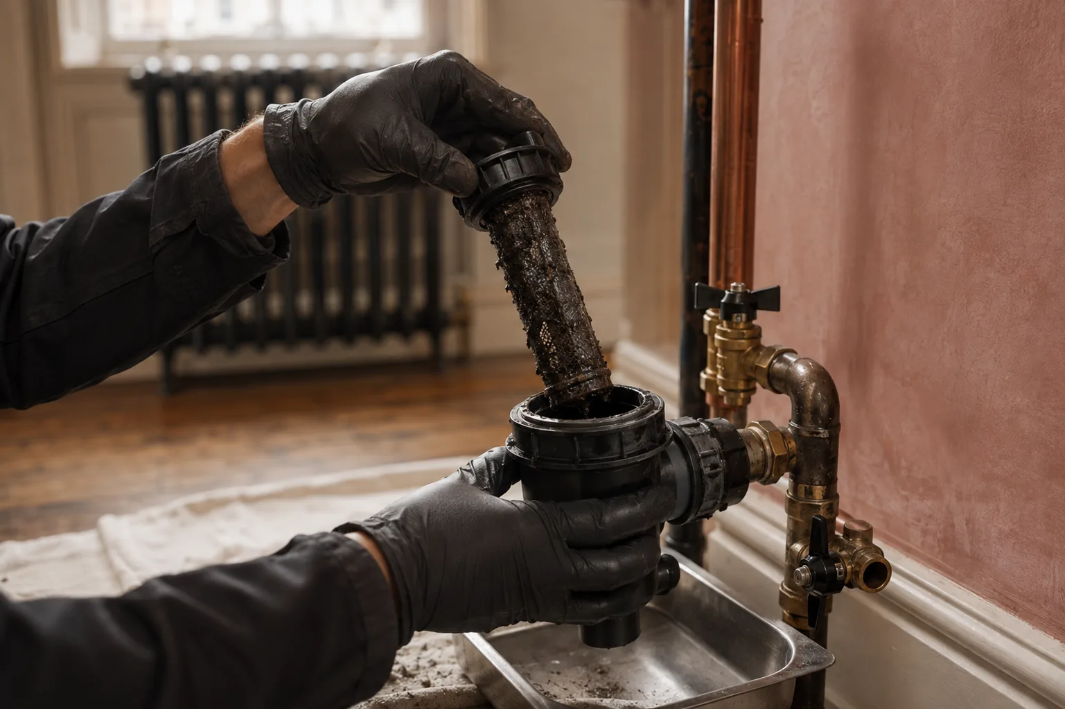 Magnetite sludge drawn out of an unbranded in-line magnetic filter during a Powerflush