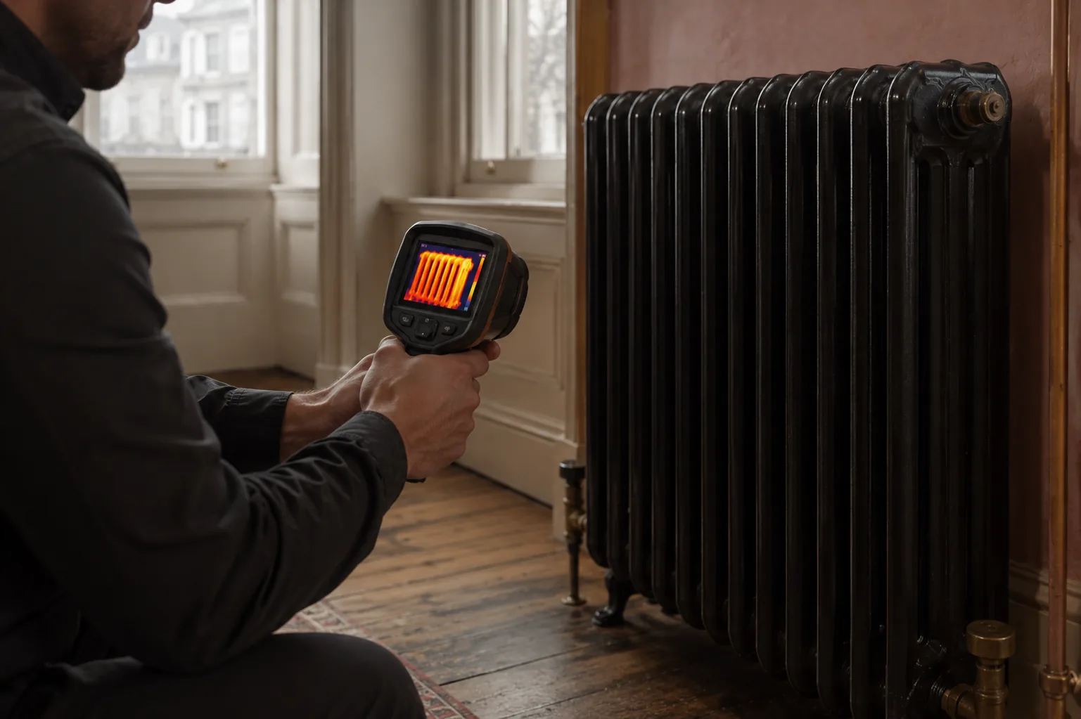 Heating engineer using a thermal imaging camera to check a black cast iron column radiator in a Notting Hill townhouse