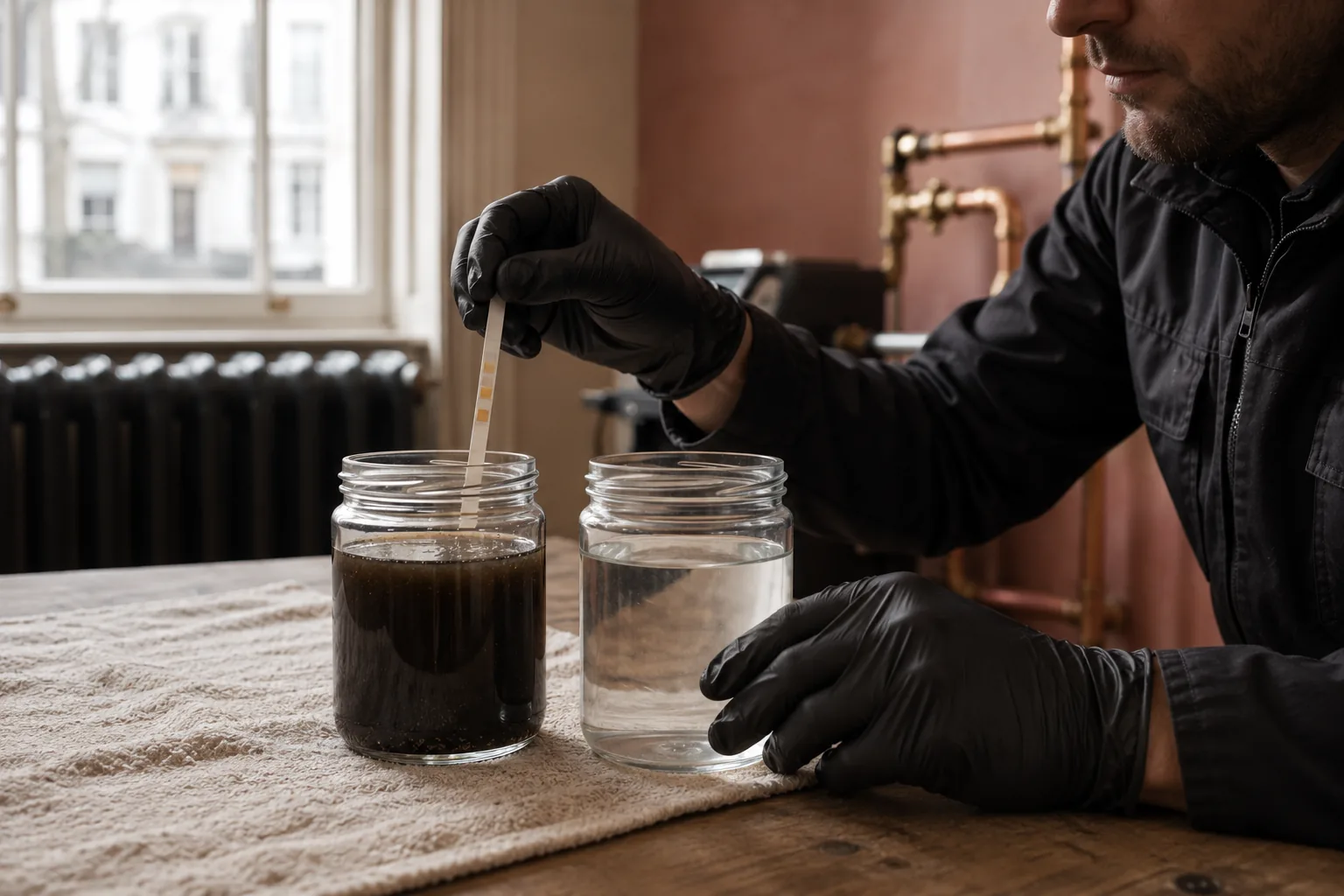 Contaminated and clear heating system water compared side by side during a water quality check