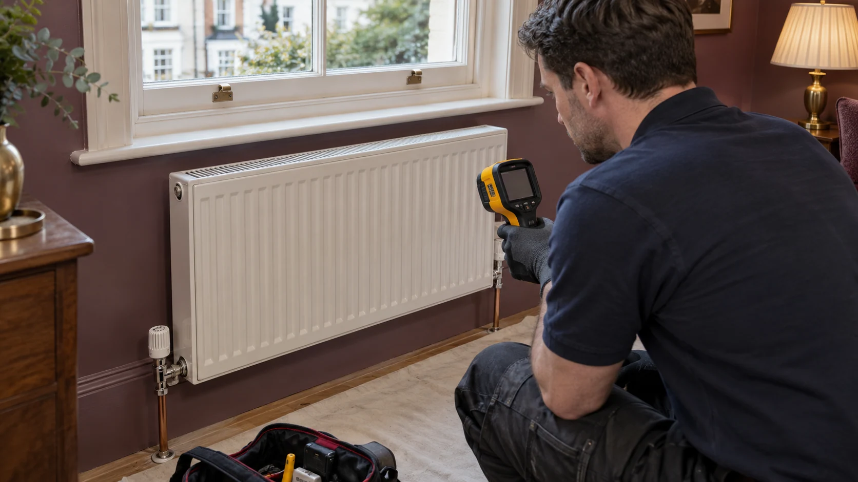 Heating engineer assessing a panel radiator with a handheld thermal camera