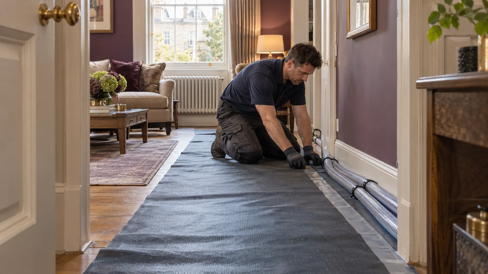 Heating engineer laying floor protection along a powerflush hose route in a period flat