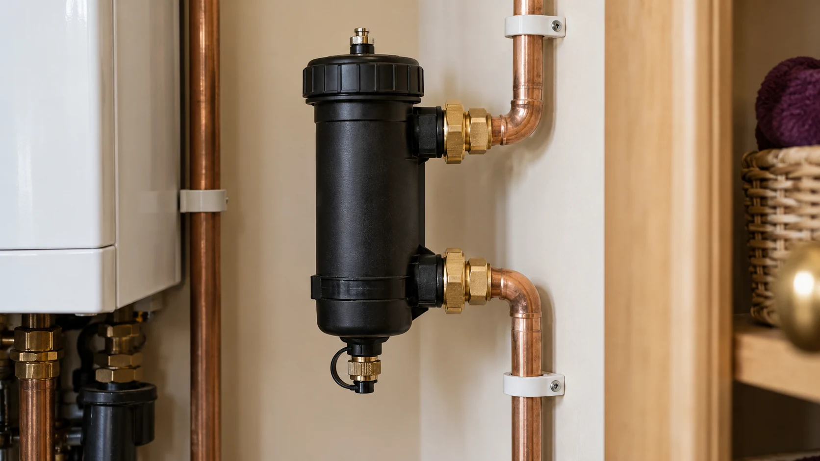 Magnetic heating filter installed in copper return pipework with accessible service connections