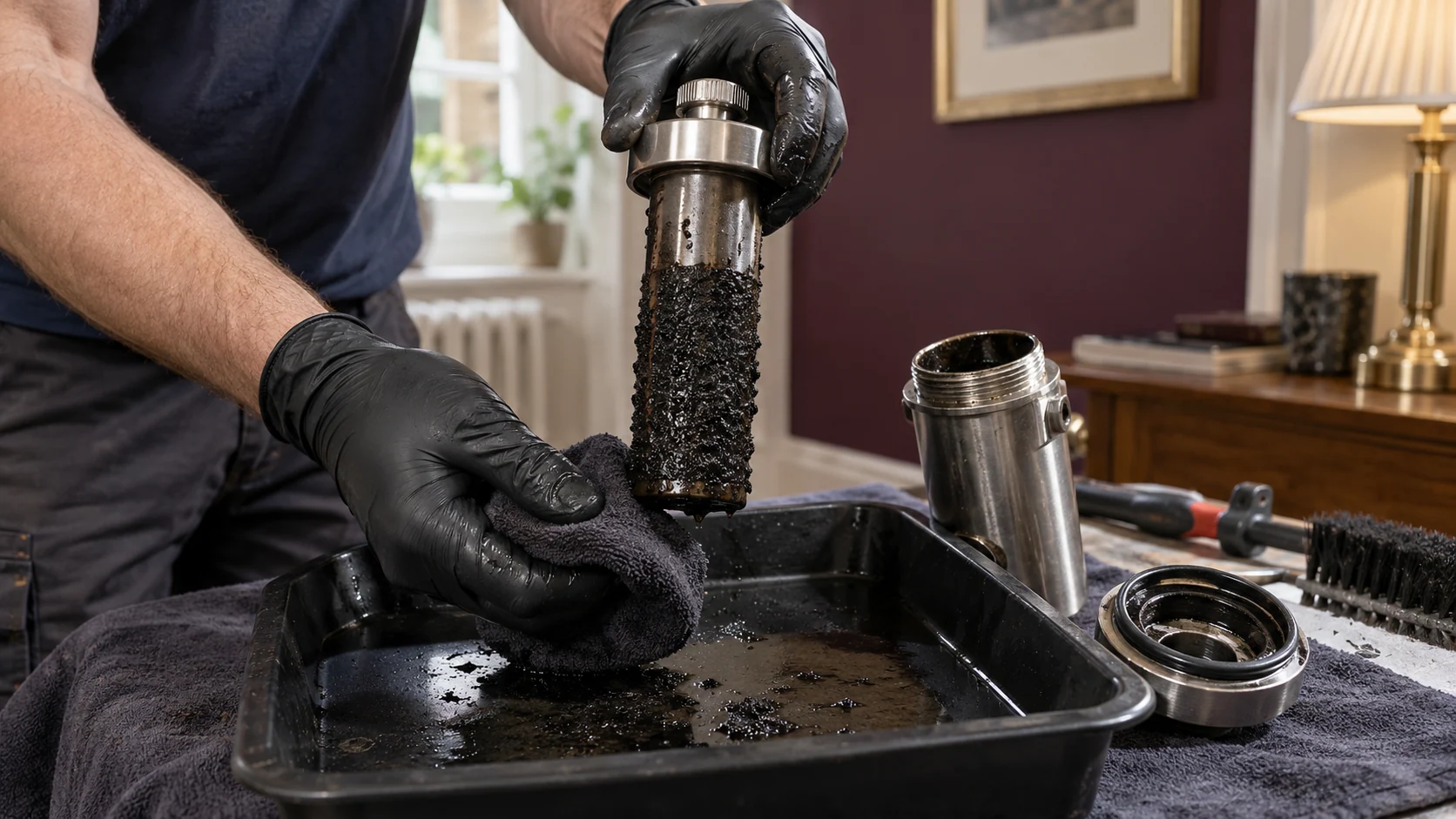 Magnetic collector with black heating-system deposits held above a service tray