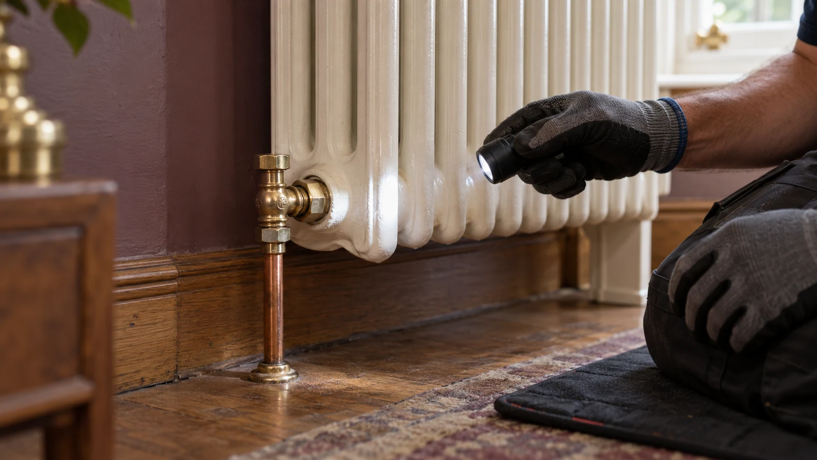 Close inspection of an older column radiator valve and copper pipework