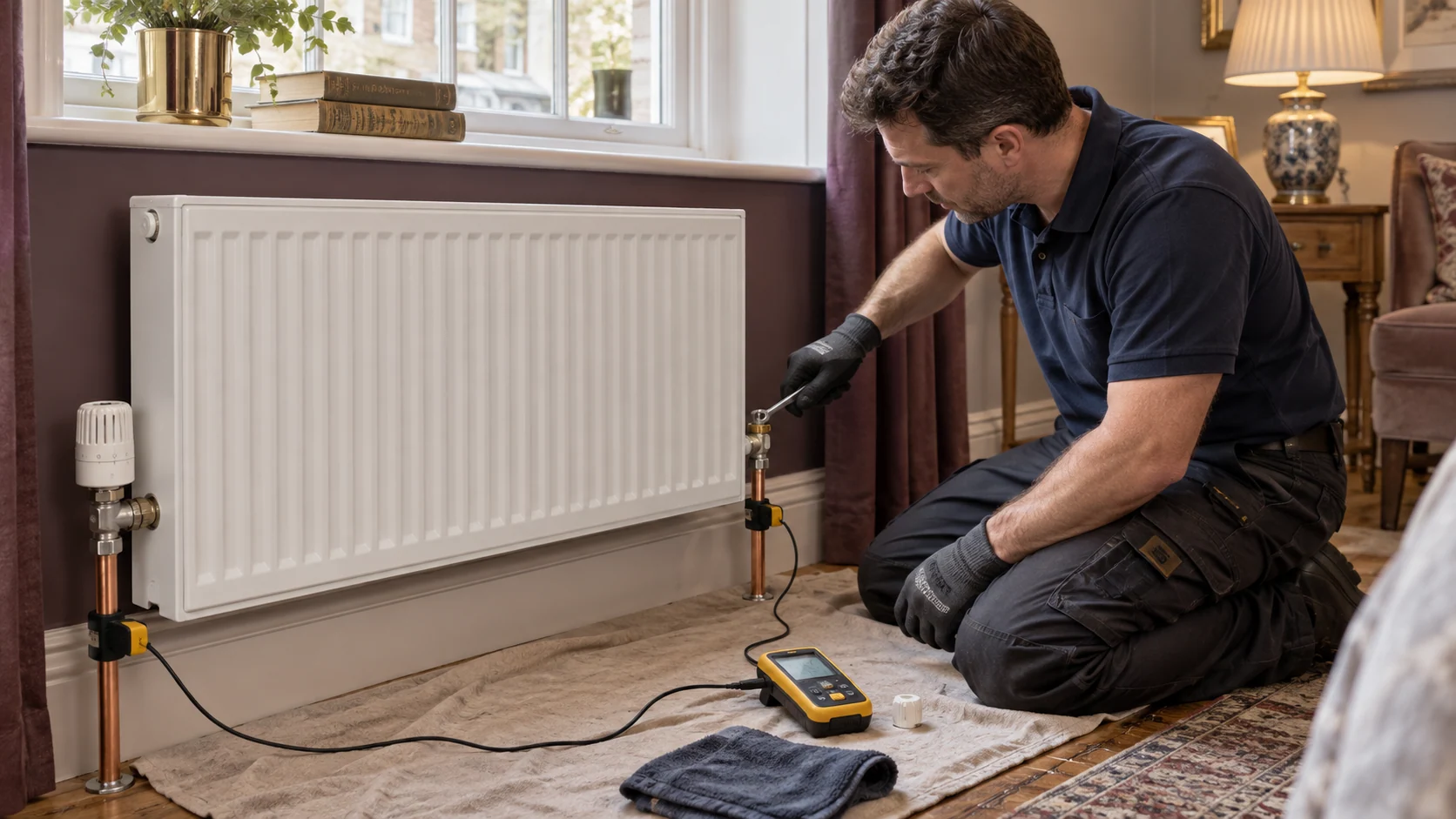 Heating engineer checking radiator pipe temperatures and adjusting a lockshield valve