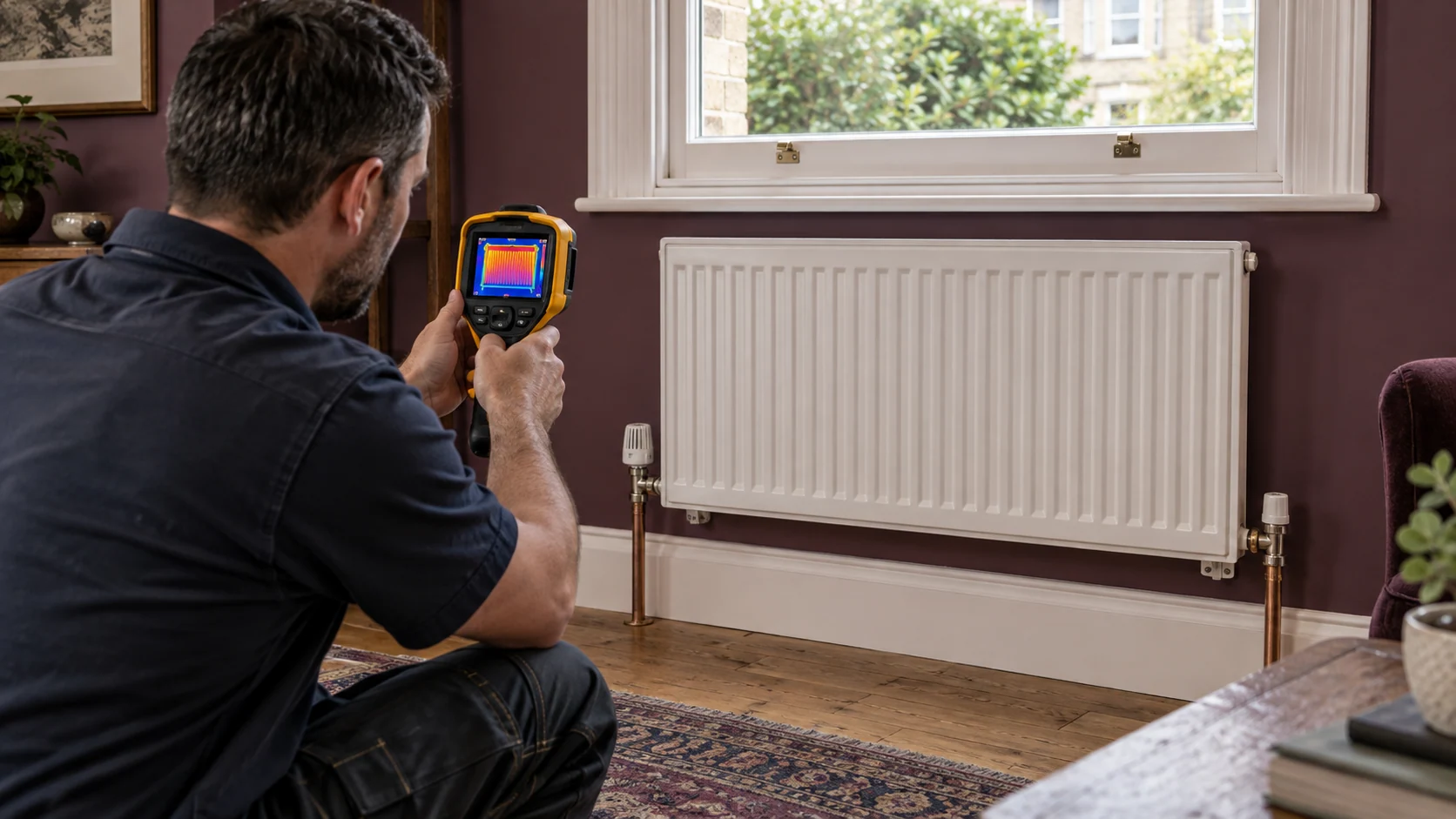 Heating engineer inspecting a panel radiator with a handheld thermal camera.