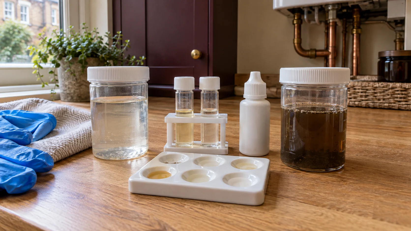 Heating-water samples and a reagent test kit arranged for post-cleaning water checks.