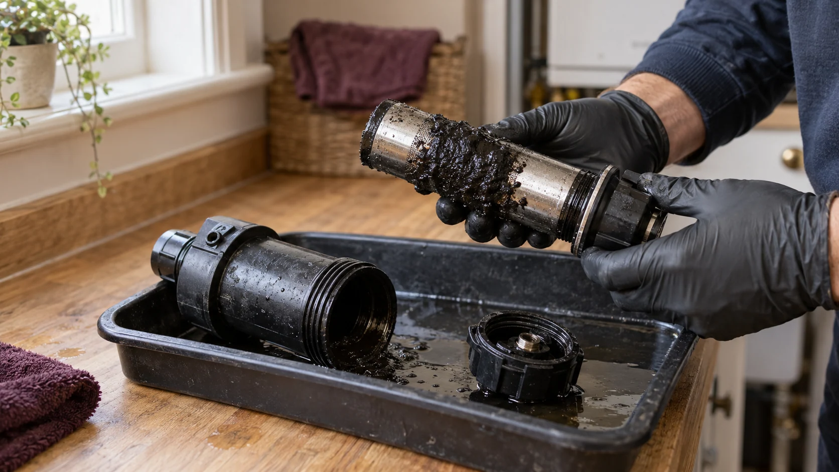 Gloved hands inspecting black sludge on a magnetic heating-filter sleeve above a service tray.