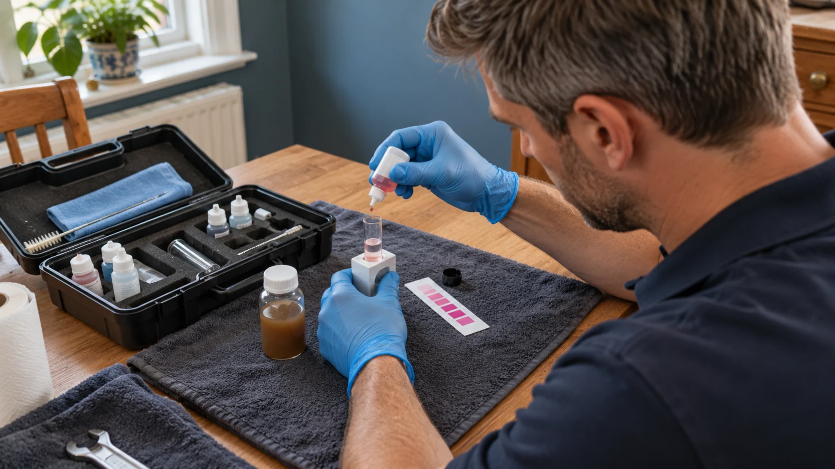 Heating-water sample being checked with a compact colour-comparison test kit on a protected work surface.