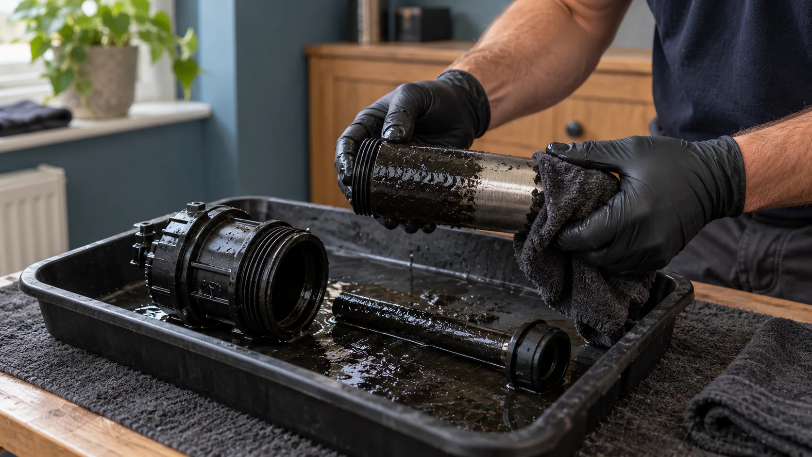Gloved hands cleaning dark heating-system sludge from a magnetic filter sleeve over a service tray.